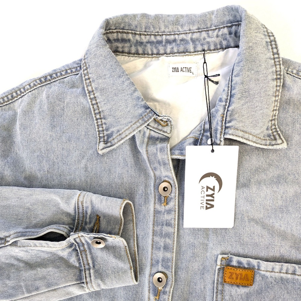 Zyia Active Cool Wash Briley Denim Shirt Light Wash Oversized Button Down 4837L